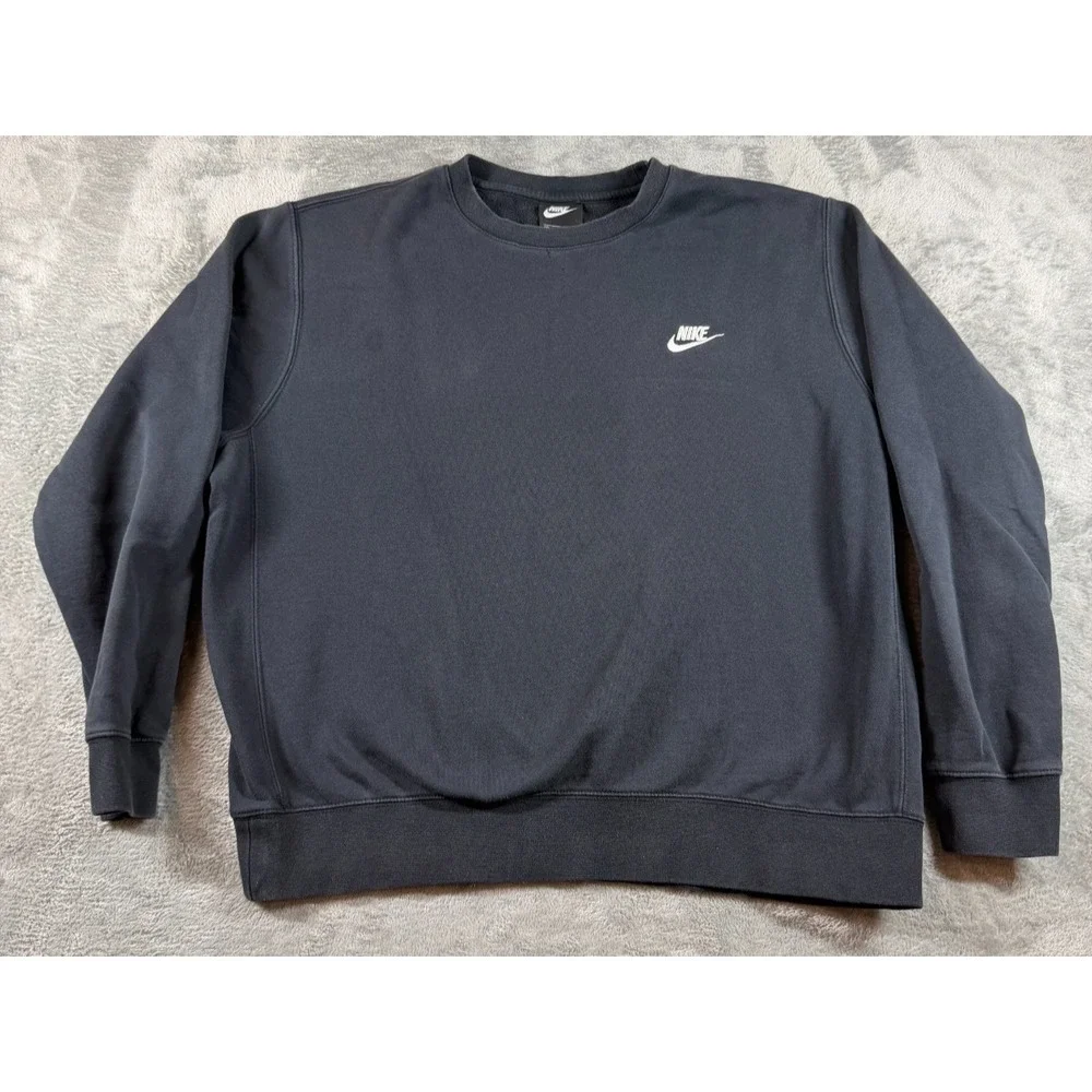 Nike Club Fleece Crewneck Sweatshirt Black Small Logo Pullover Men's Large